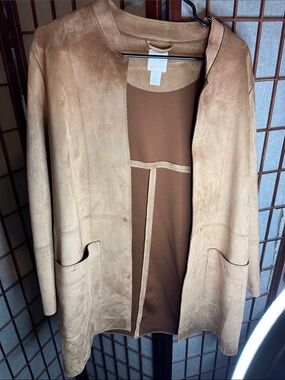 H&M Beige/Tan Suede Open-Front Trench Coat